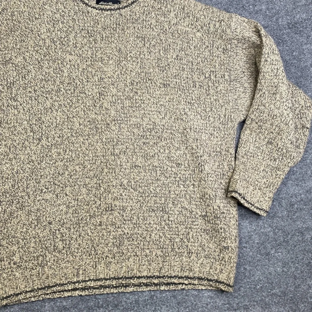 Vintage Eddie Bauer Sweater Mens Large Beige Gray Wool Crewneck Knit Pullover